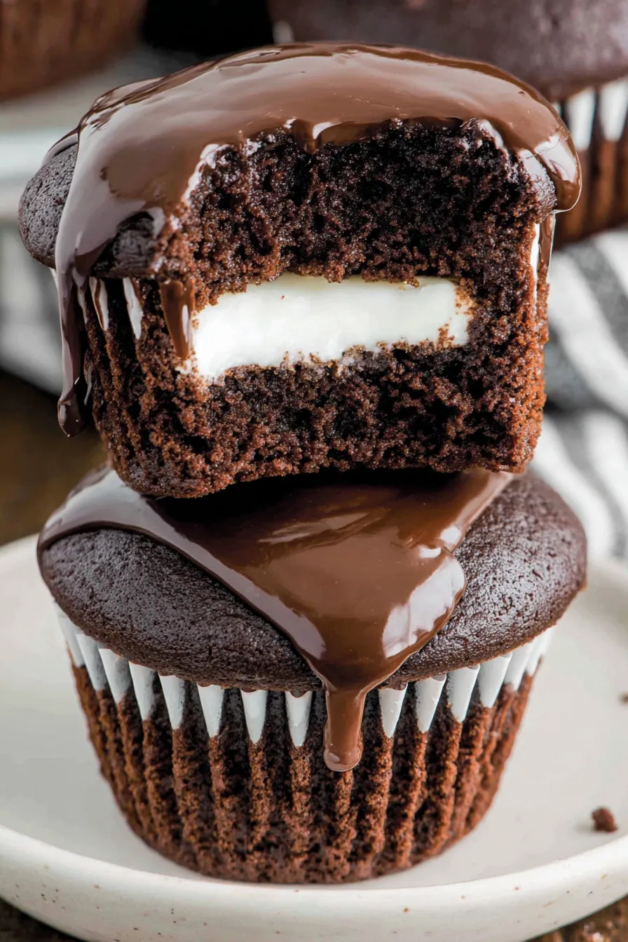 Finished Hostess-style cupcakes on a rack