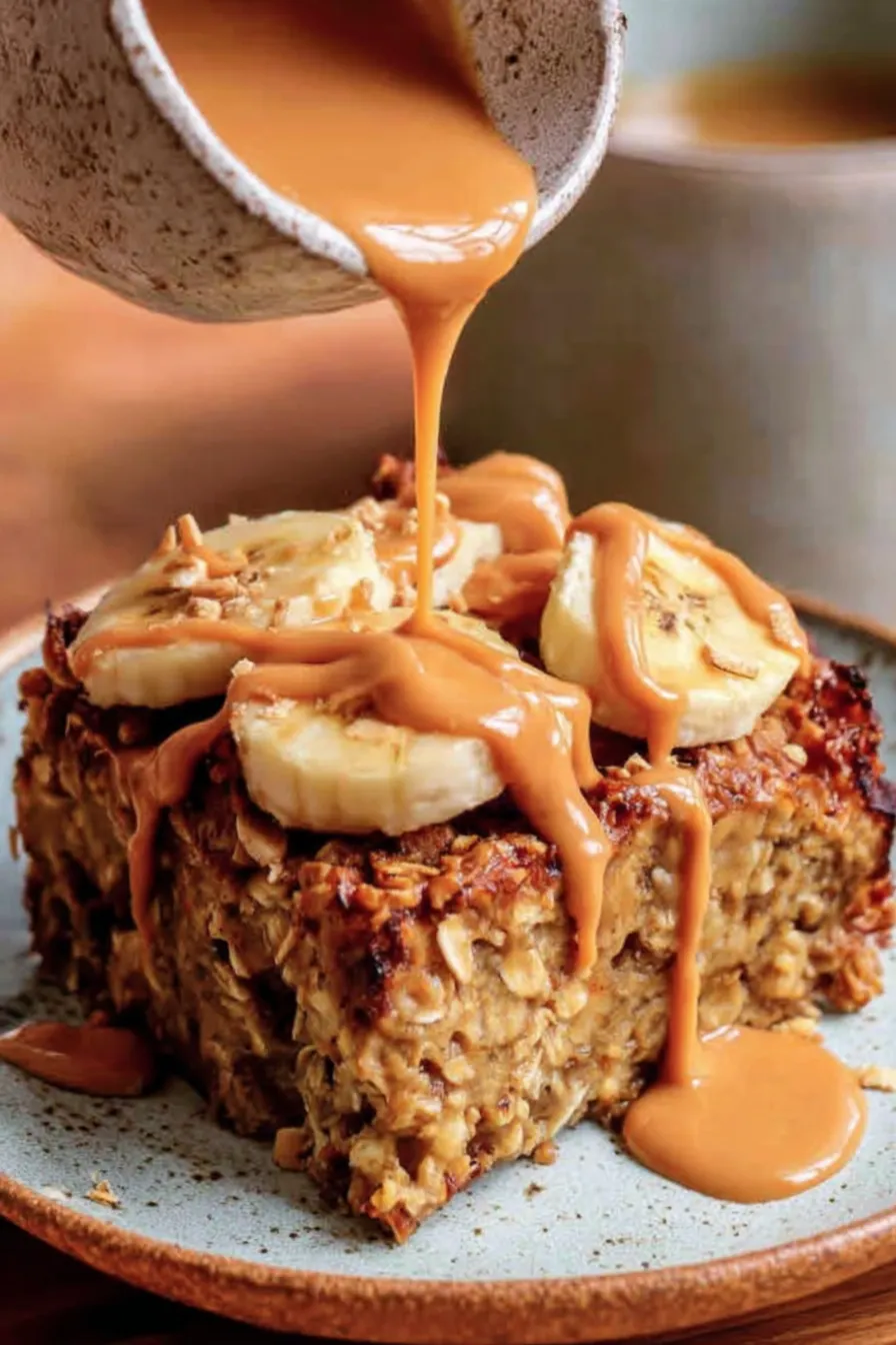 Baked oatmeal in pan with banana slices
