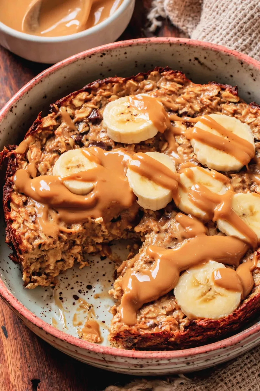 Close up of a square of baked oatmeal topped with banana and peanut butter drizzle