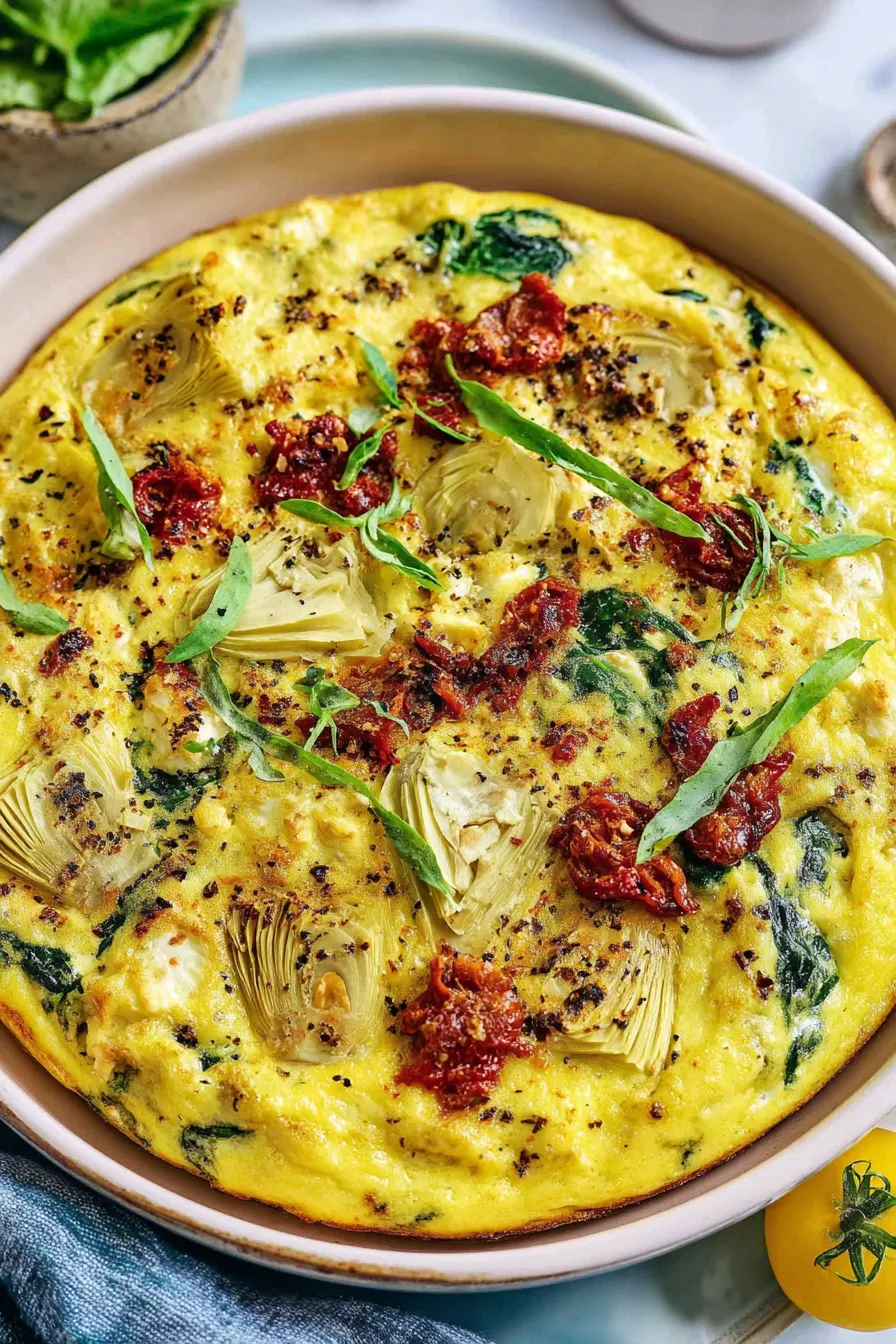 Spinach artichoke casserole in baking dish with sun-dried tomatoes