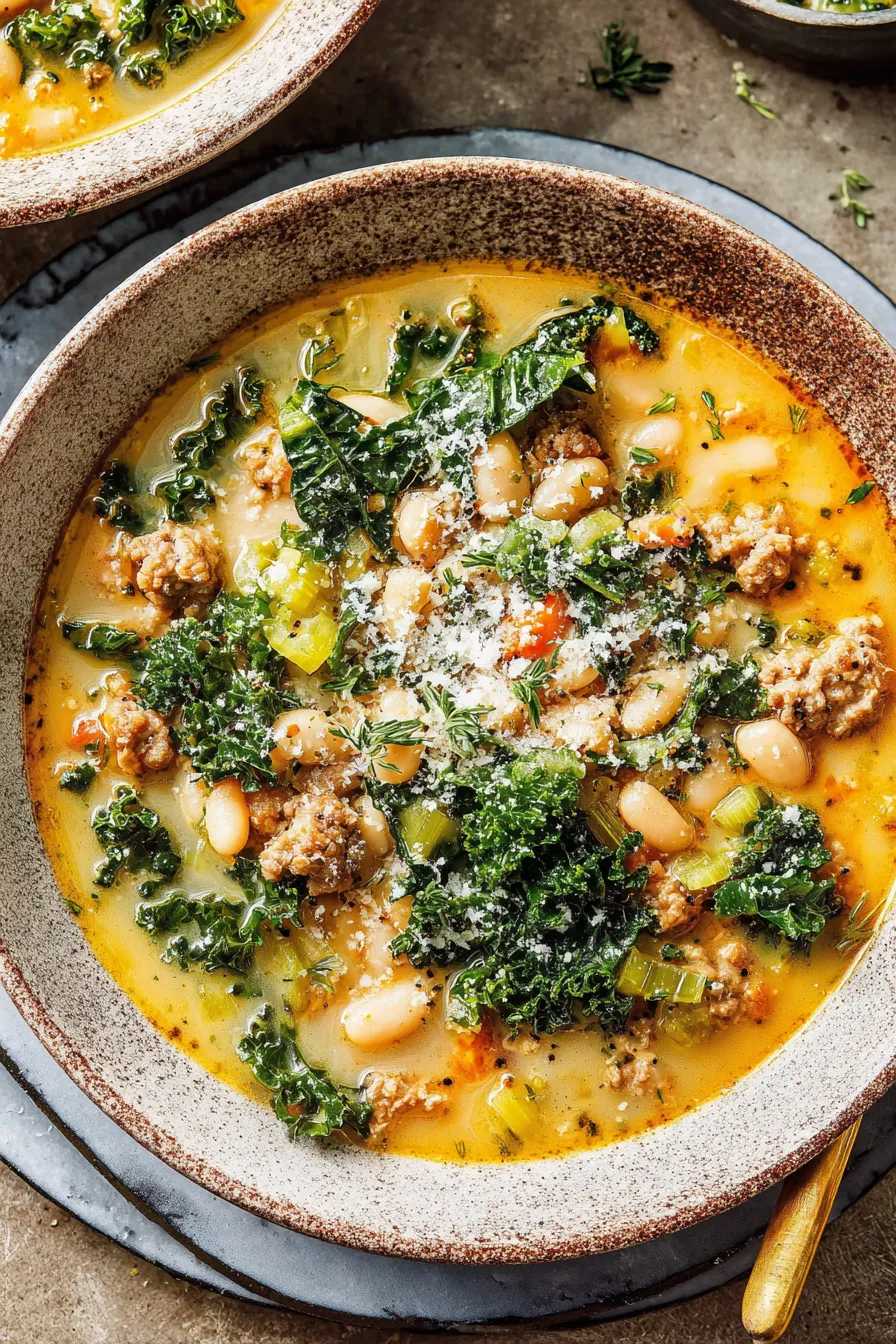 Sausage Kale White Bean Soup in pot, topped with grated Parmesan
