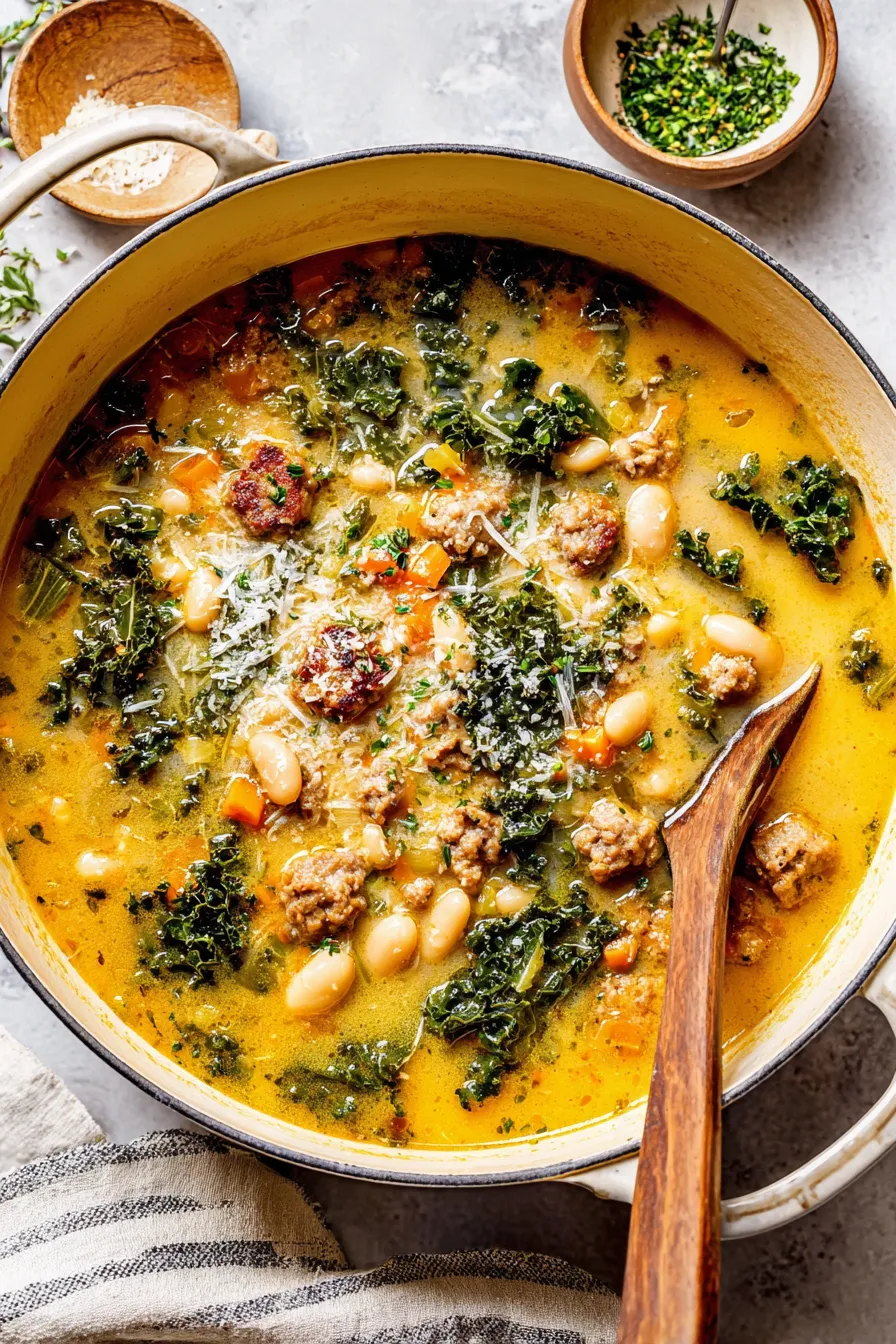 Bowl of Sausage Kale White Bean Soup topped with Parmesan and parsley