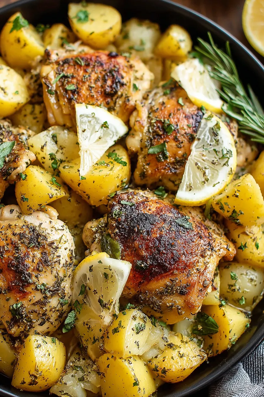 Finished Greek lemon chicken with potatoes in slow cooker