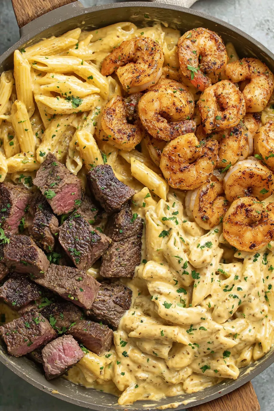 Blackened steak and shrimp sizzling in a skillet