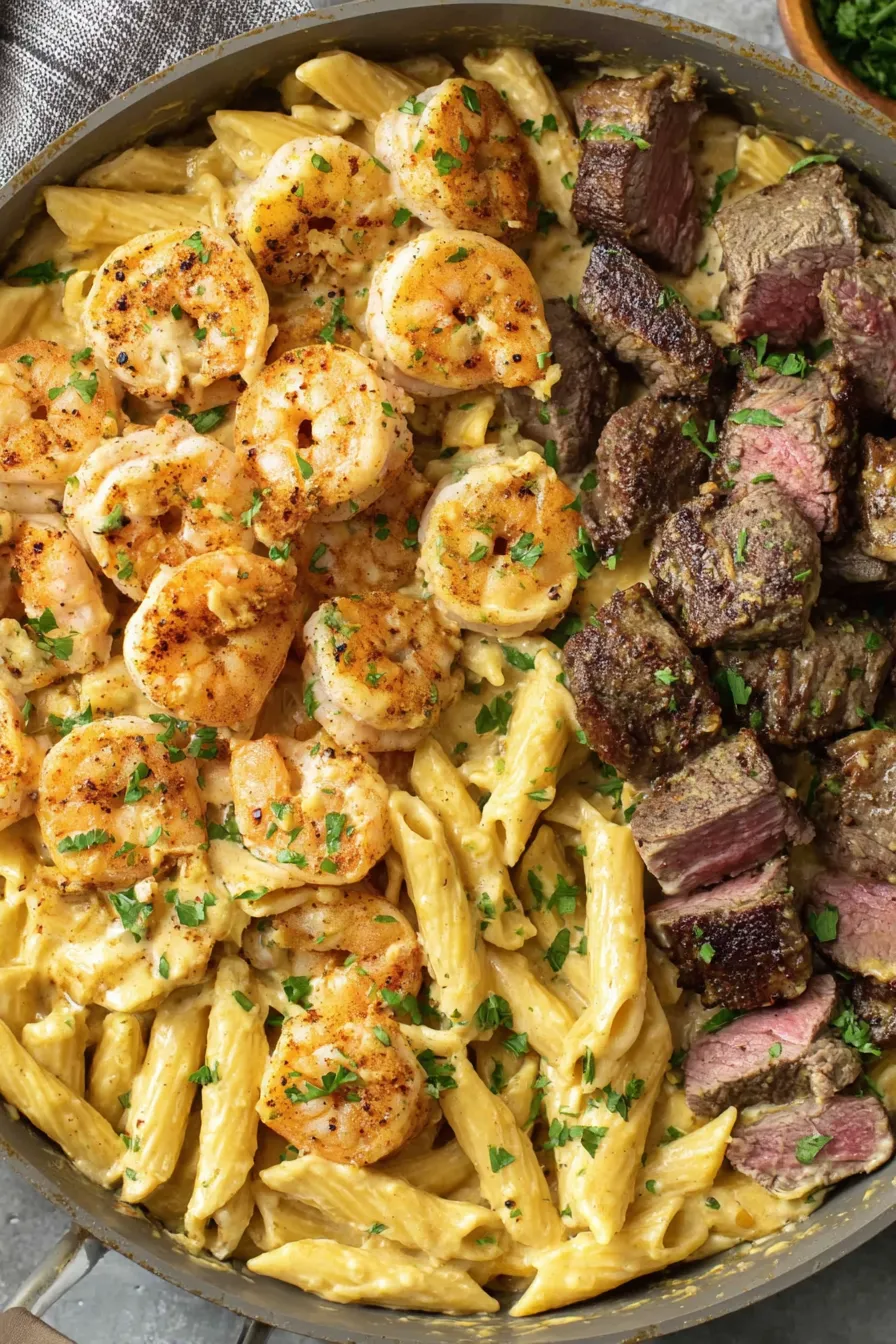 Plated blackened steak and shrimp alfredo garnished with parsley