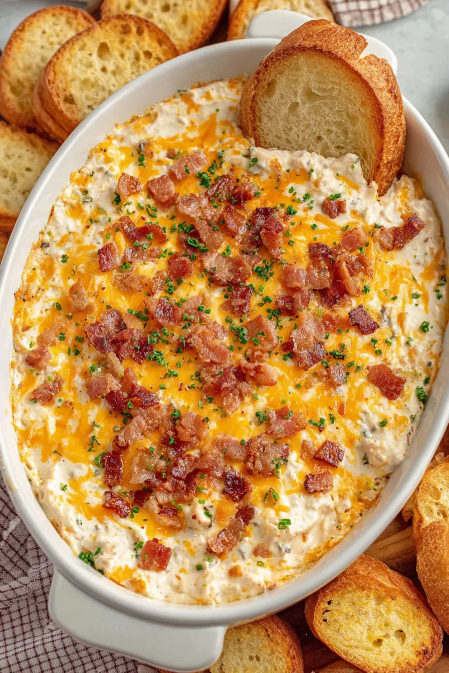 Baked Crack Chicken dip bubbling in dish