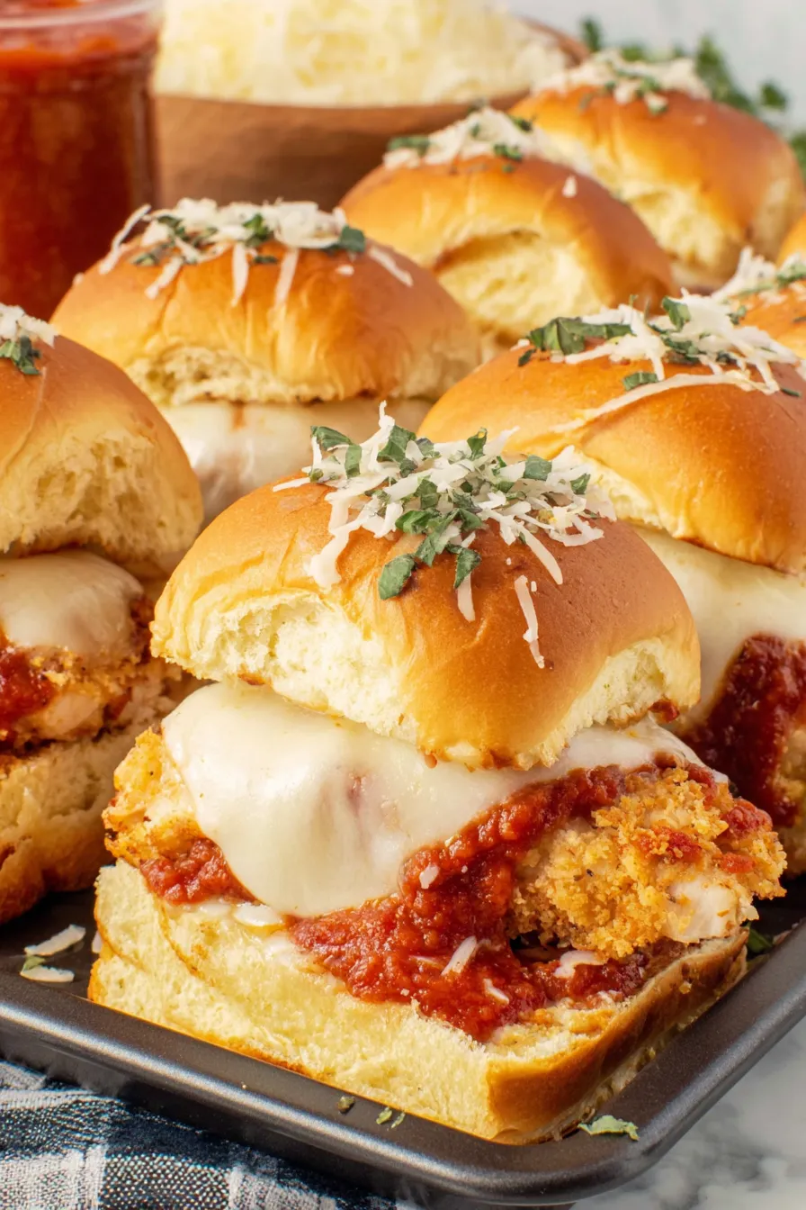 Assembled chicken parmesan sliders in a 9x13 pan, cheese melted and buns golden