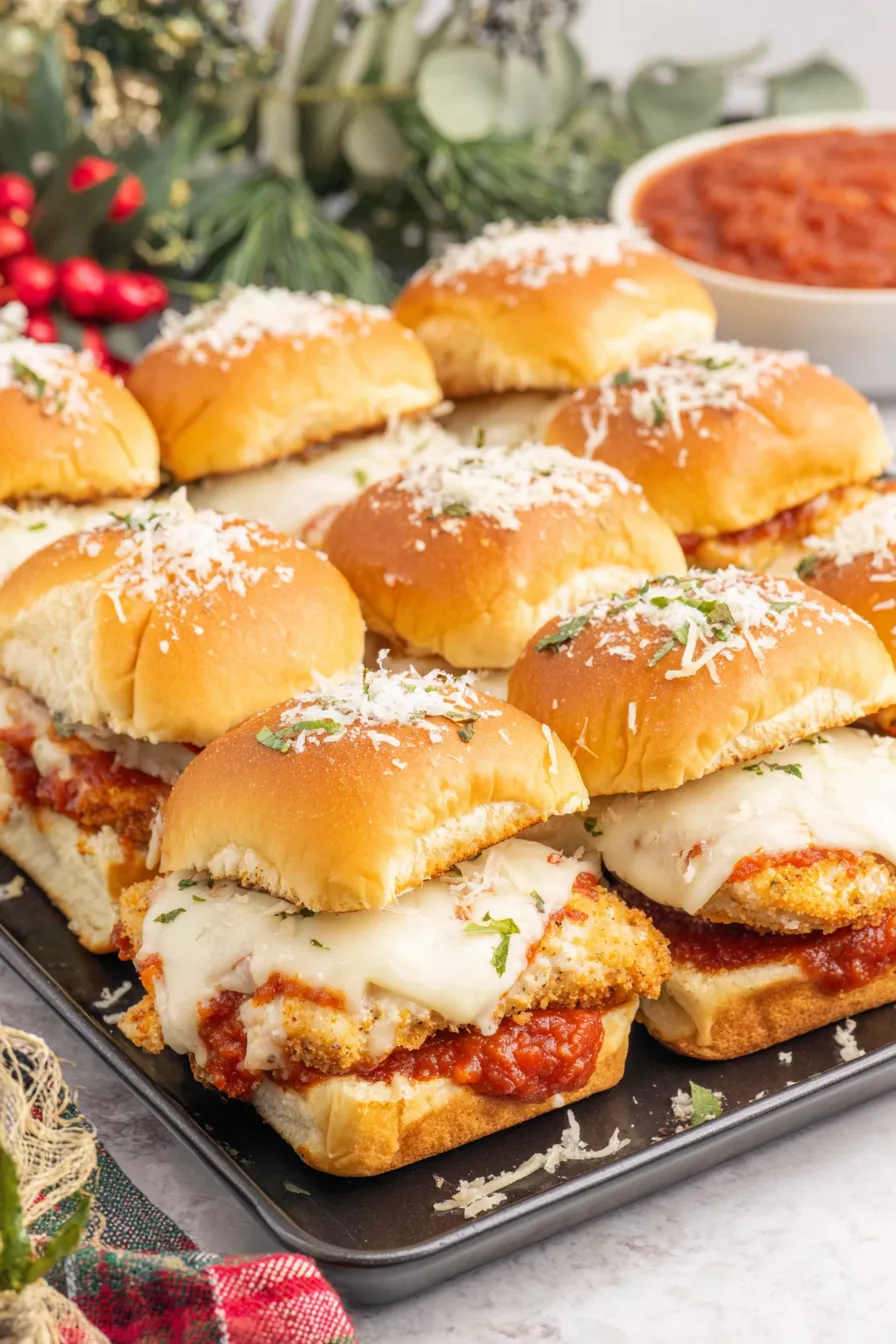 Close-up of a sliced chicken parmesan slider, showing melted cheese and marinara