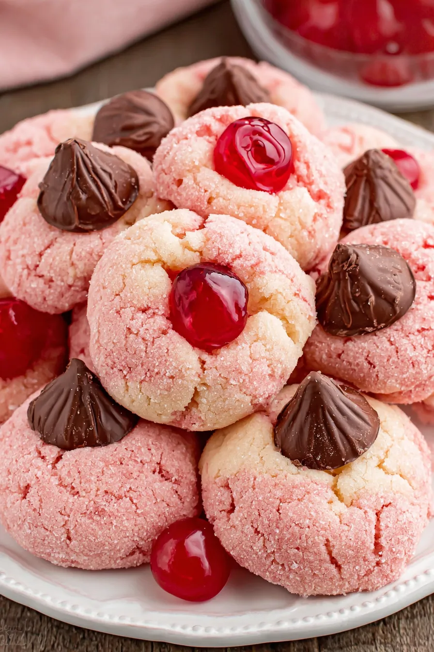 Closeup of a Cherry Kiss cookie with visible cherry pieces