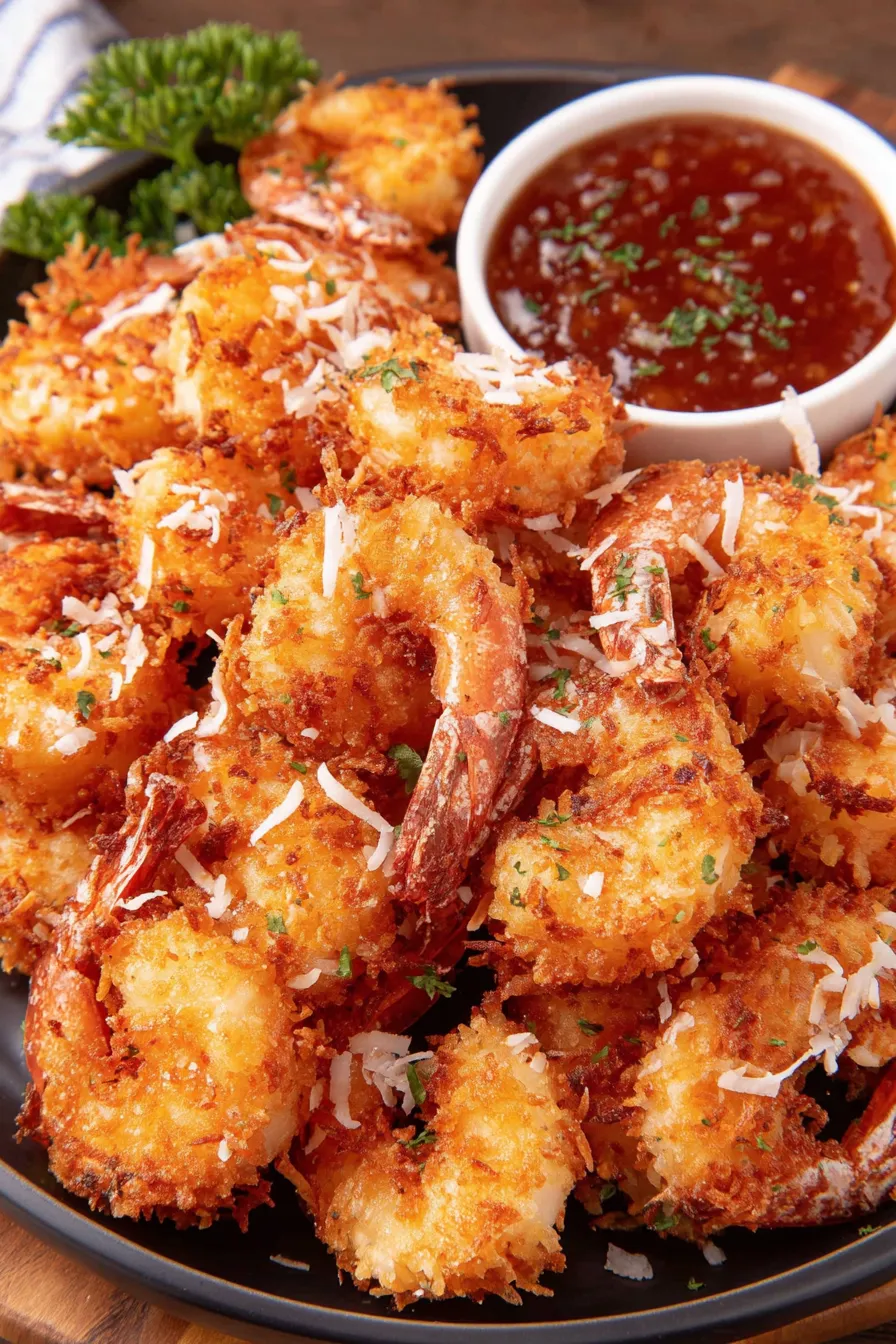 Platter of coconut shrimp with dipping sauces