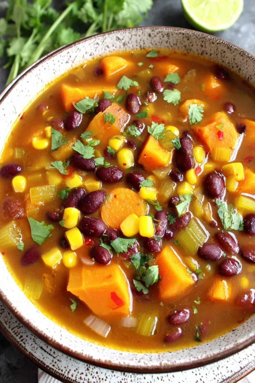 Sweet potato black bean soup simmering in a pot