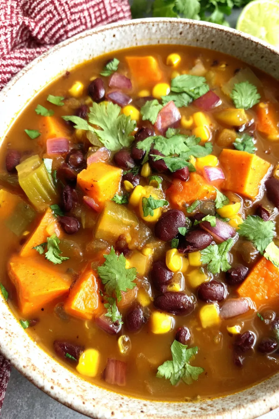 Bowls of sweet potato black bean soup garnished with cilantro and lime