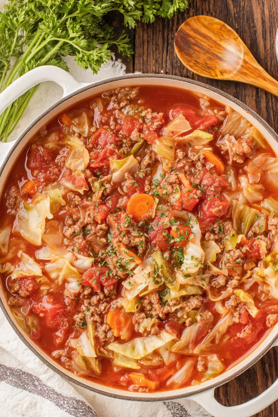 Cabbage Roll Soup simmering in a Dutch oven