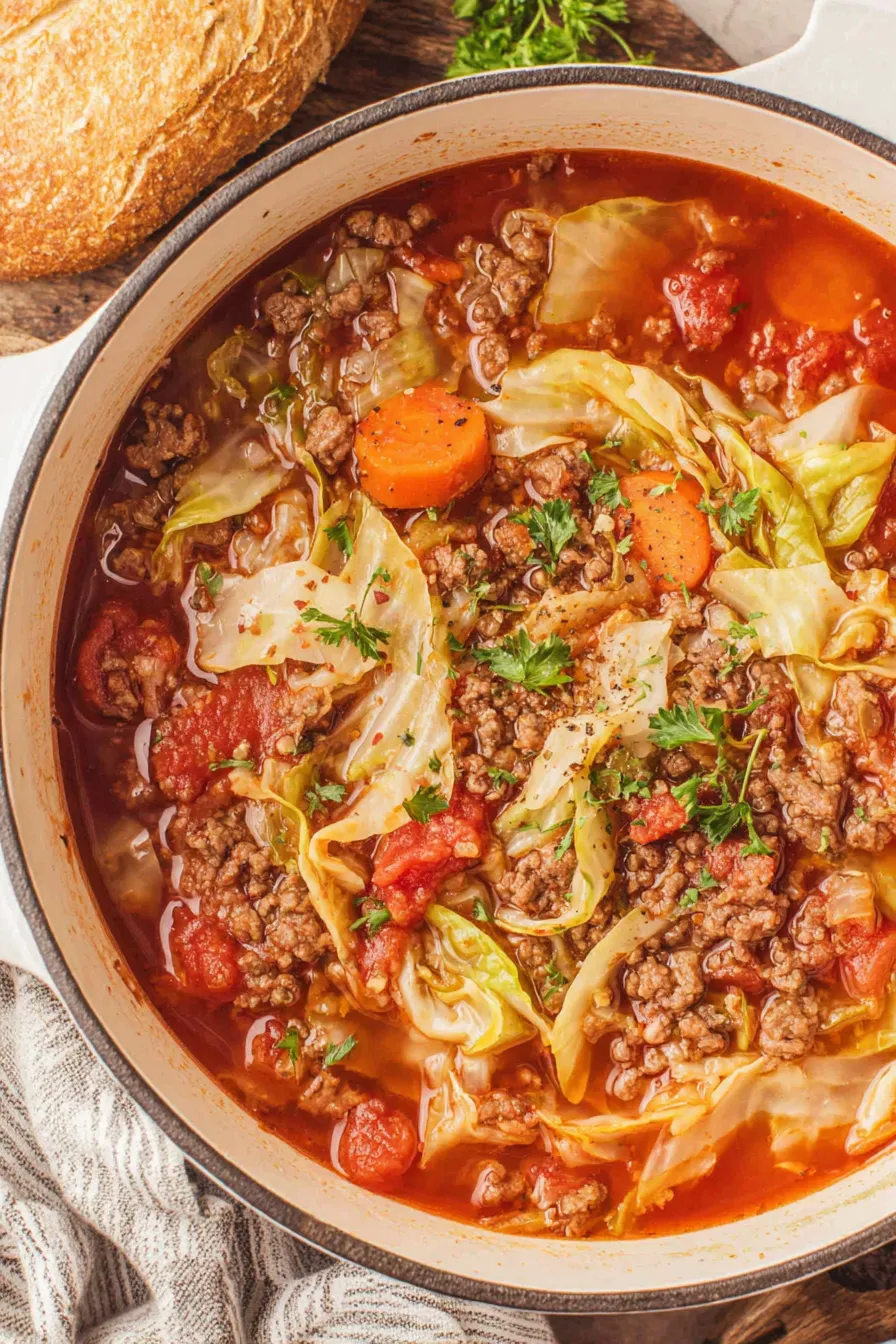 Bowl of cabbage roll soup garnished with parsley