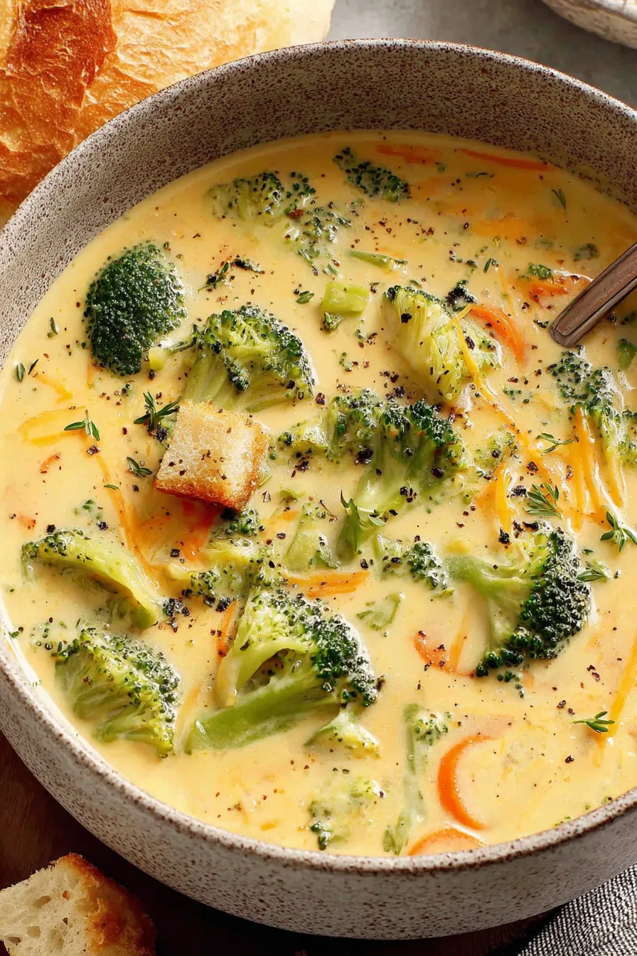 Creamy broccoli cheddar soup in a bowl with croutons