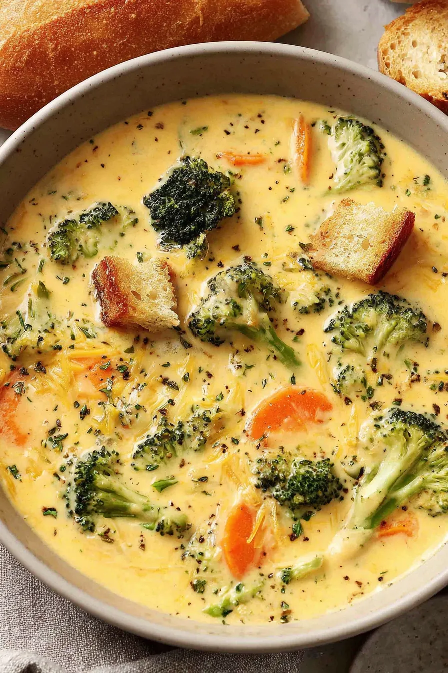 Pot of broccoli cheddar soup on the stove