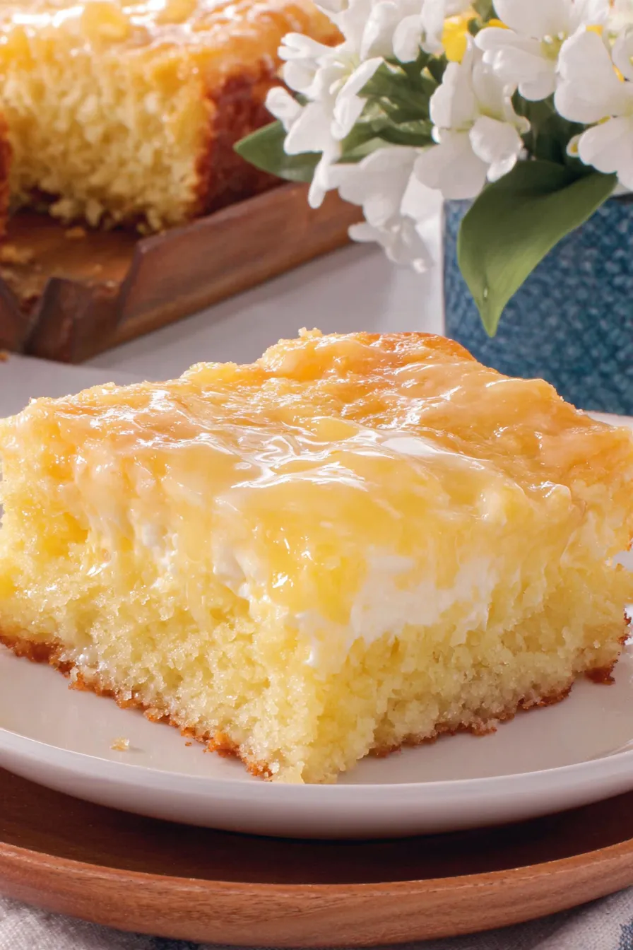 Butter cake in a 9x13 pan with cream cheese layer