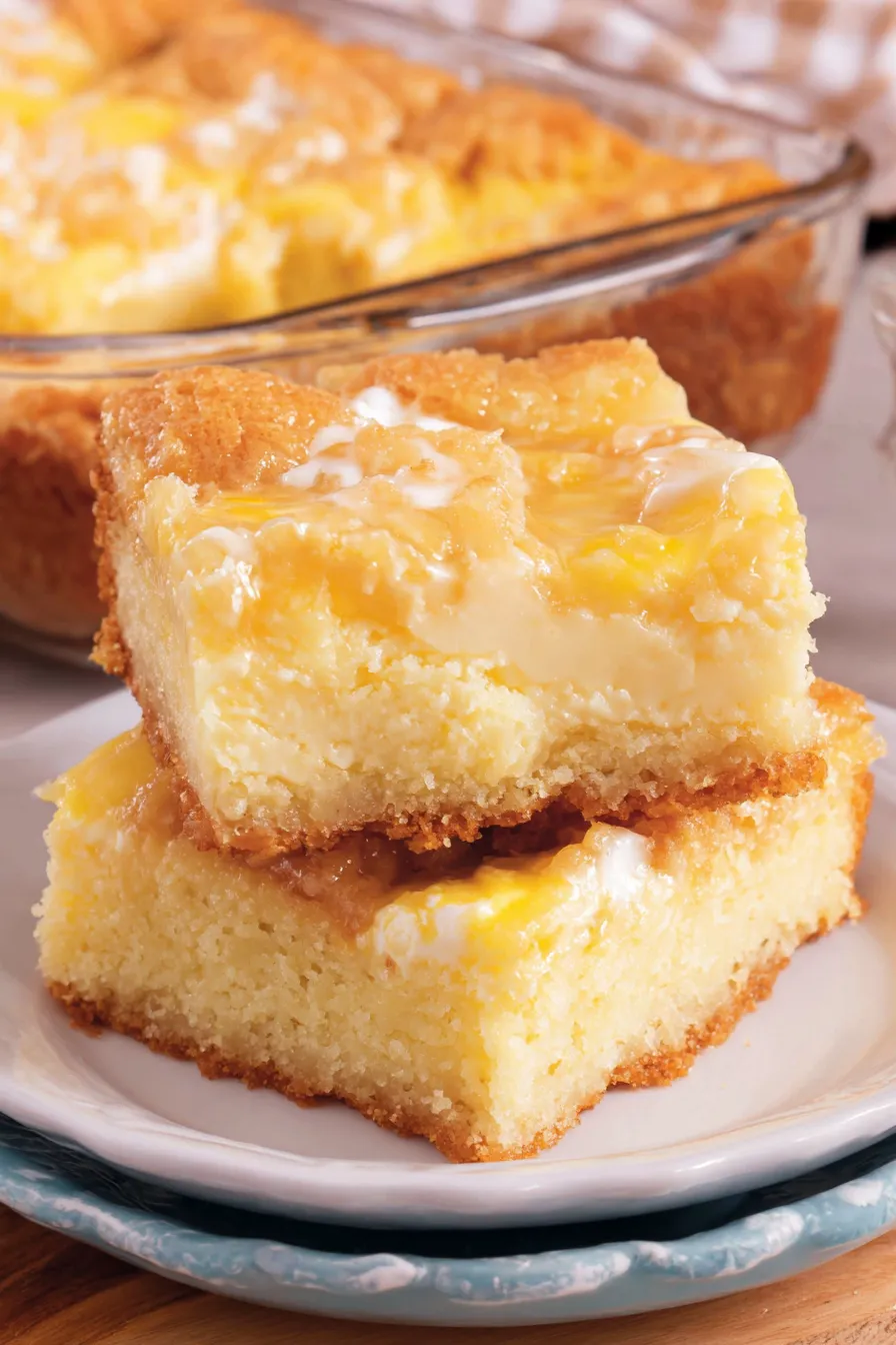 A slice of butter cake on a plate with cream cheese filling