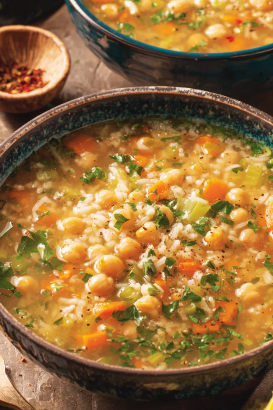 A bowl of chickpea and rice soup with parsley garnish