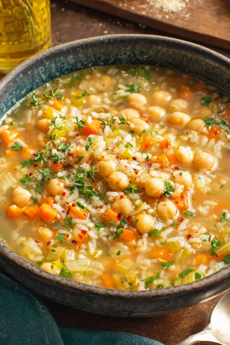 Close-up of simmering chickpeas and rice in a large pot
