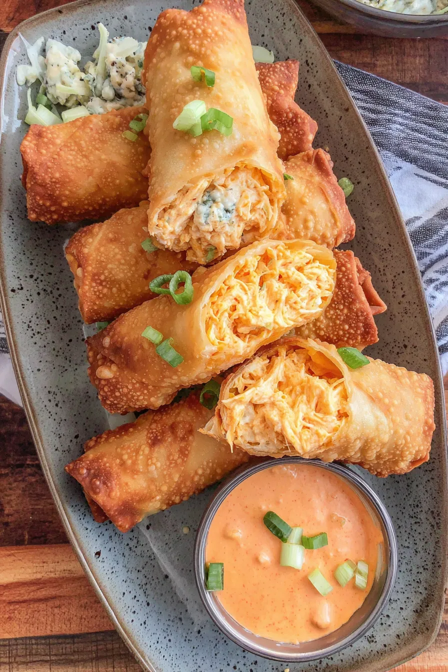 Buffalo chicken egg rolls fresh from the fryer
