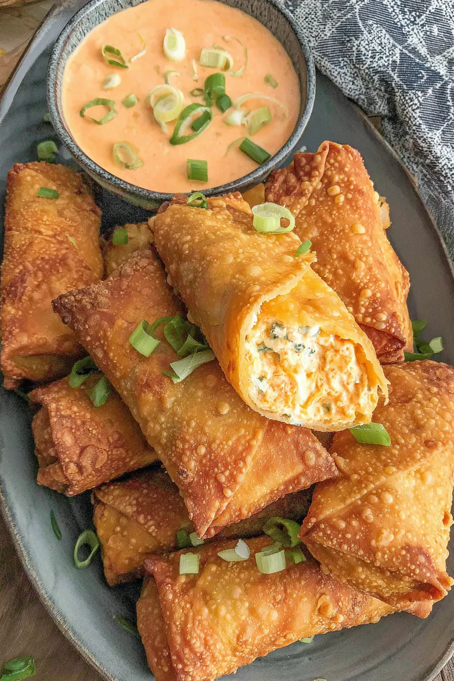 Stack of cooked buffalo chicken egg rolls with dip