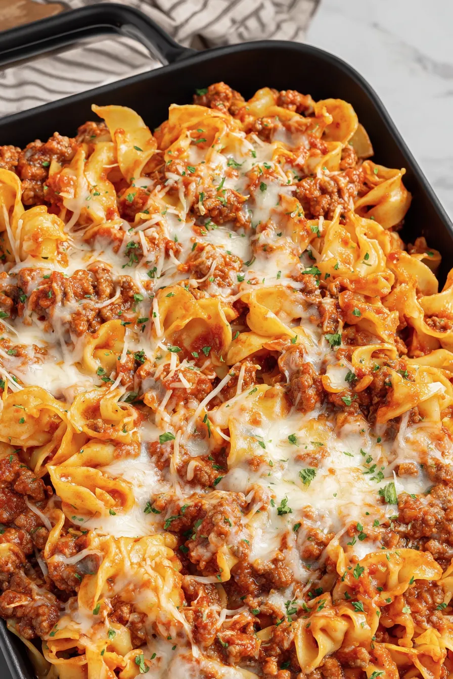 Plate of noodle bake with garnish and salad