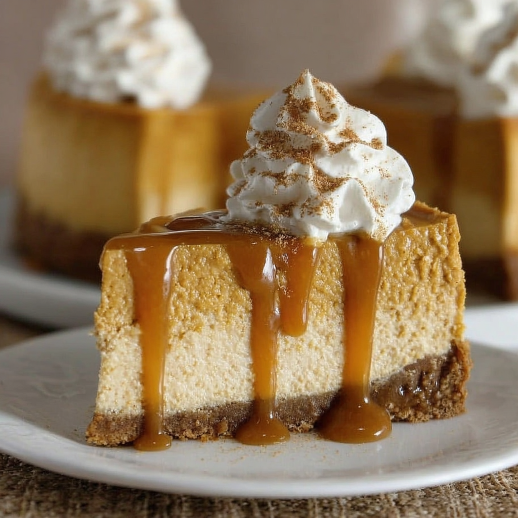Sliced pumpkin cheesecake with whipped cream on a platter