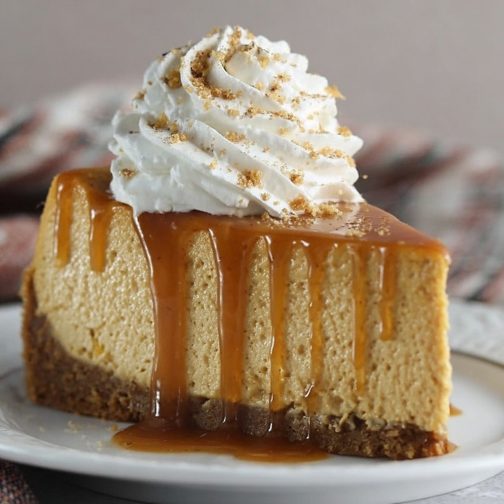 Whole pumpkin cheesecake on a cake stand with caramel sauce