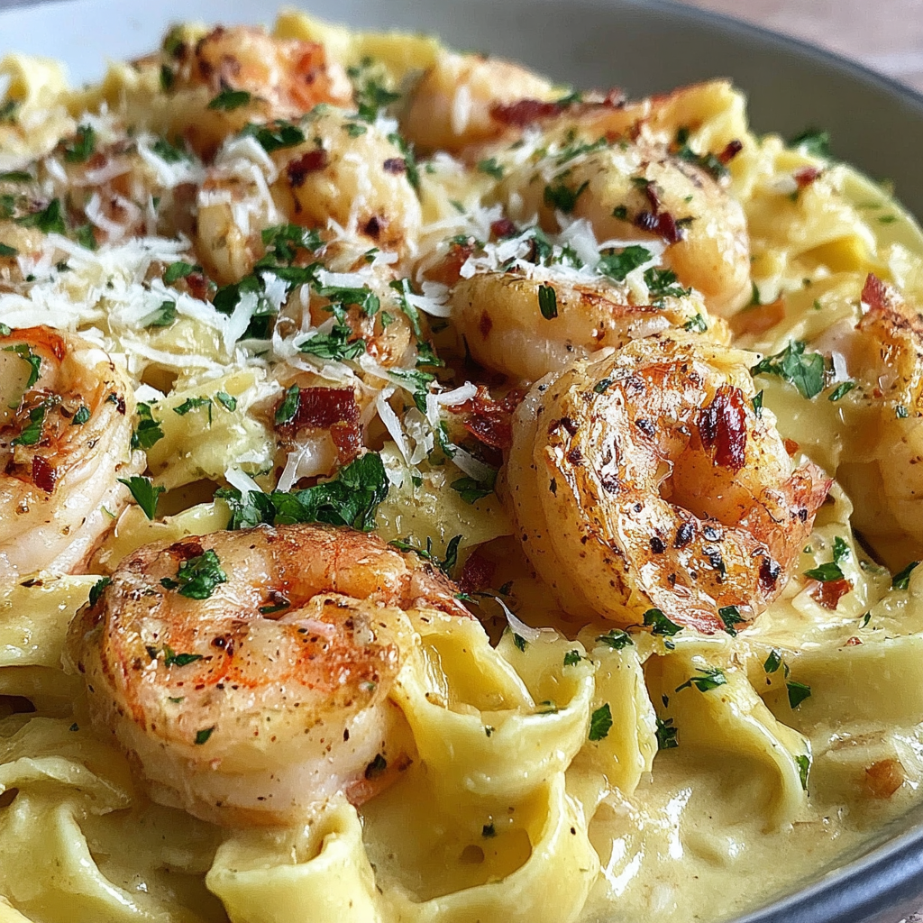 Ingredients for shrimp alfredo pasta neatly arranged on a board