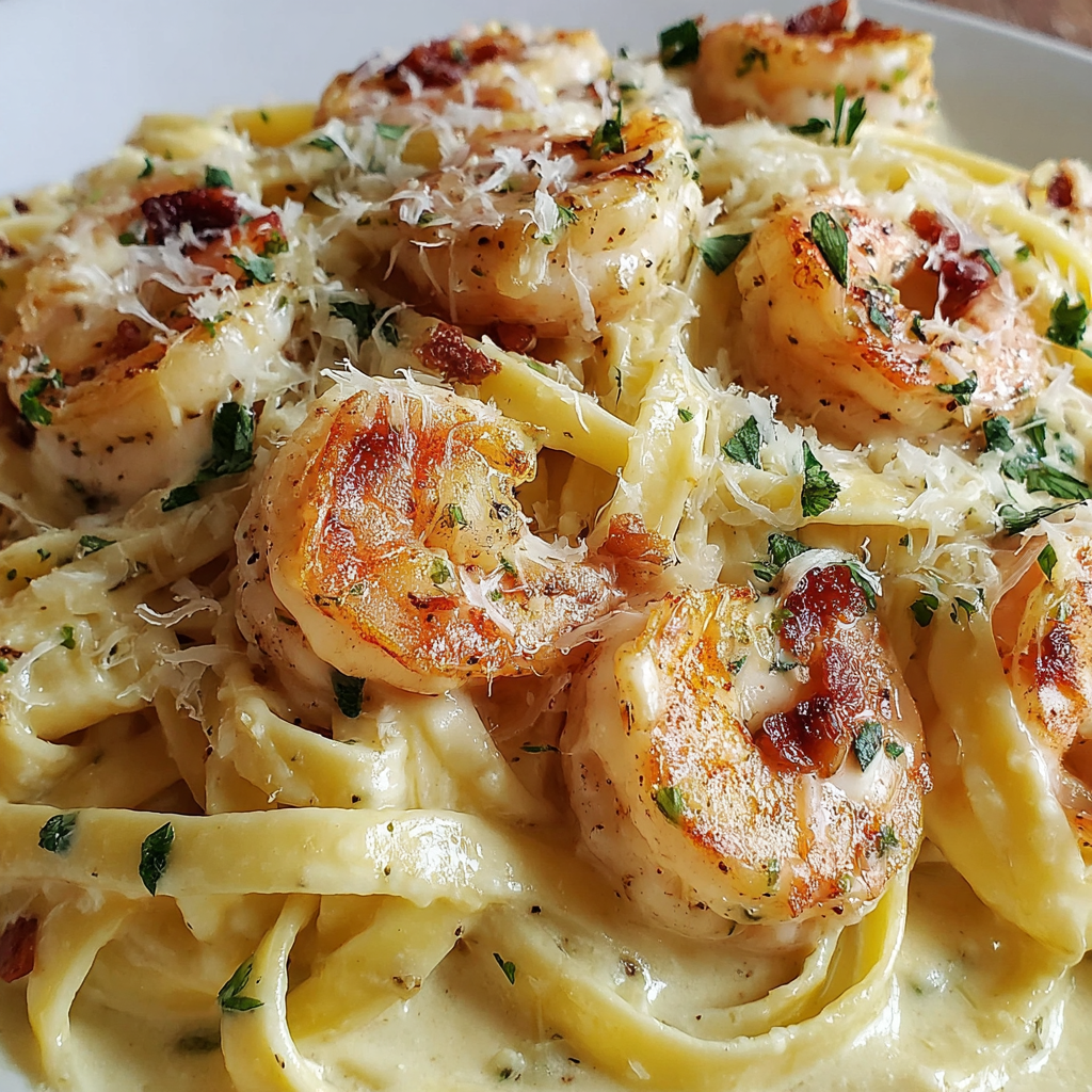 Skillet of shrimp alfredo with parsley being tossed with tongs