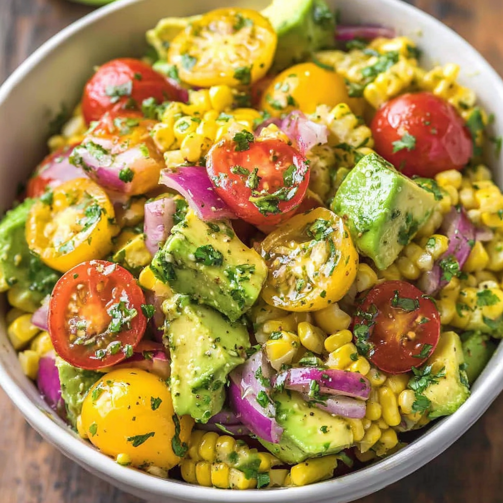 Close-up of grilled corn, avocado, and tomatoes tossed with lime dressing