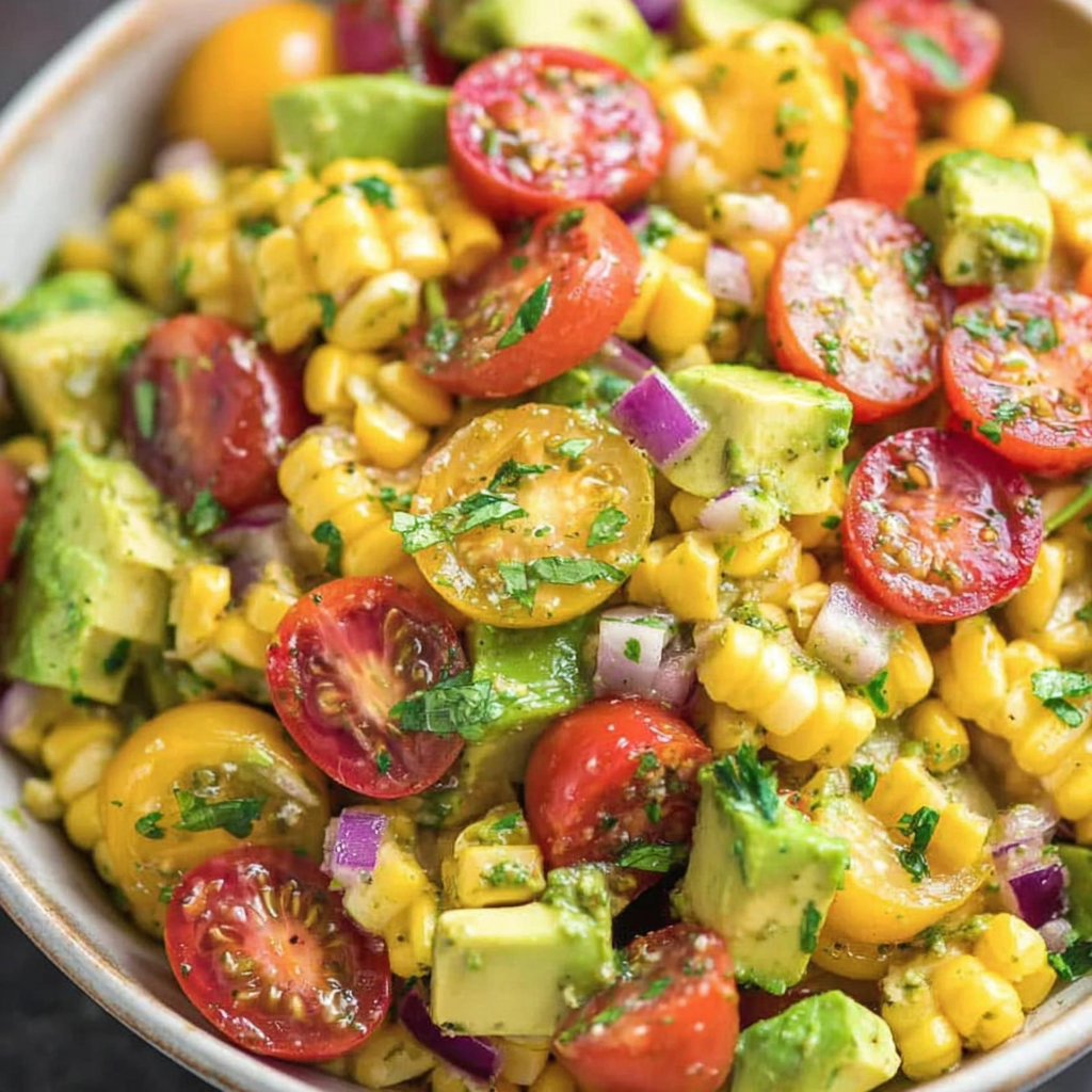 Colorful summer spread featuring avocado corn salad with lime wedges