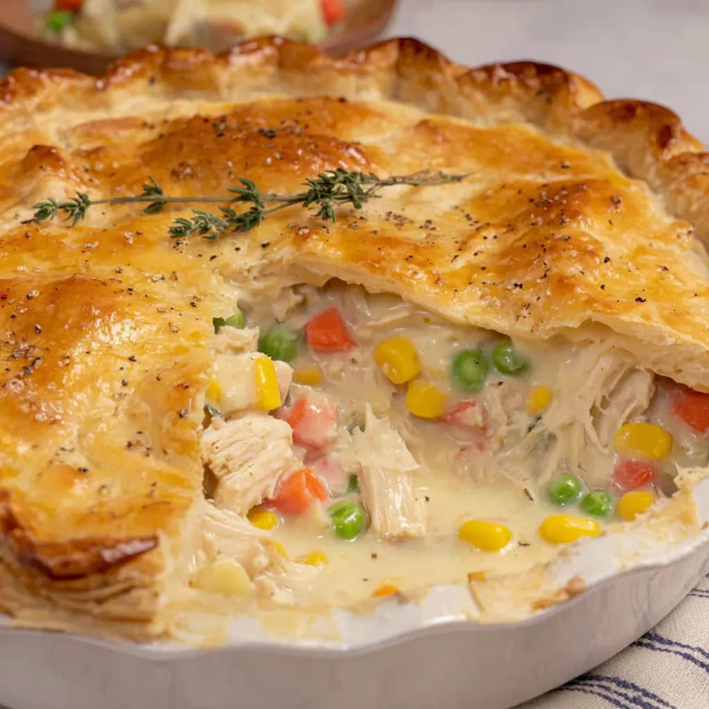 Golden baked chicken pot pie with flaky crust
