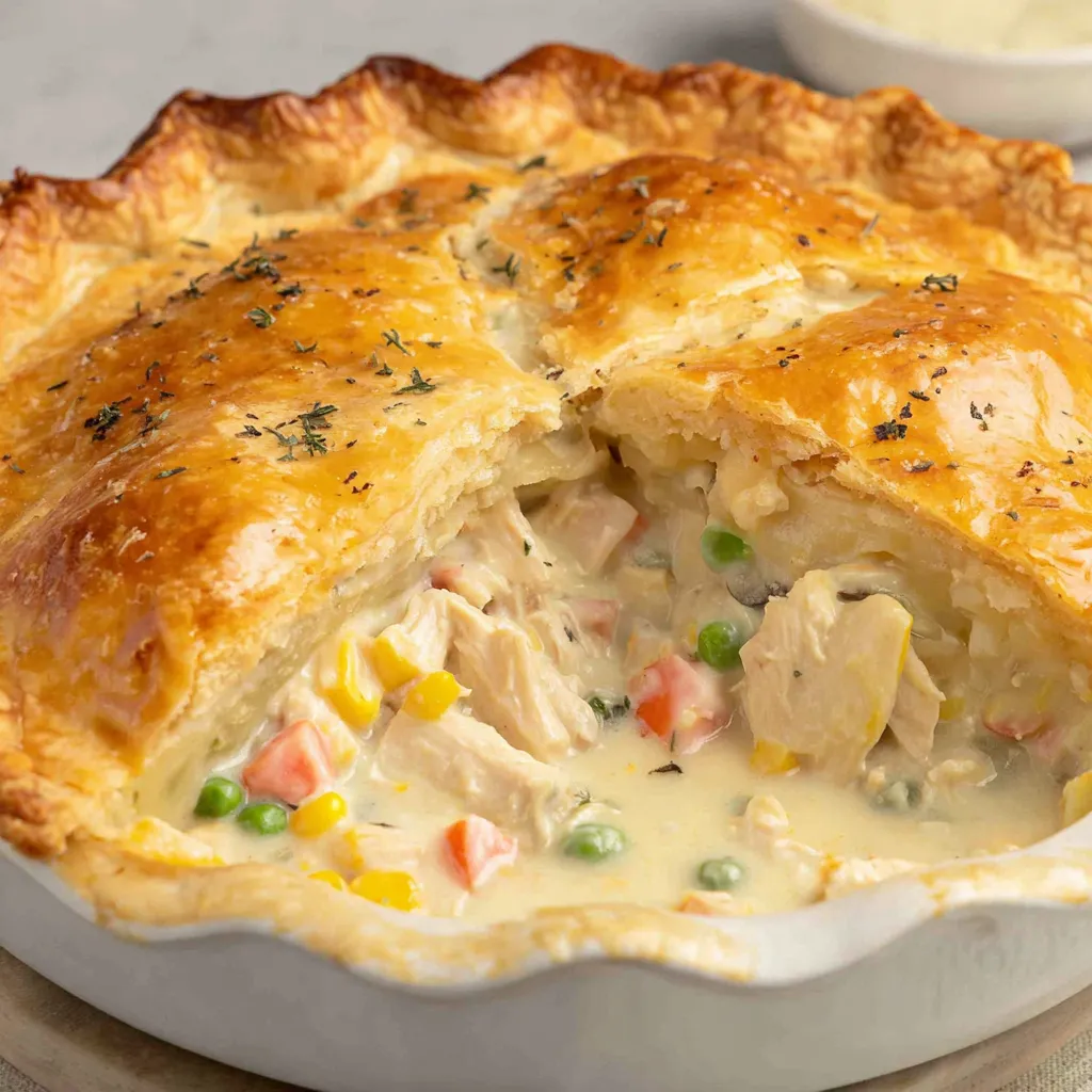 Slice of pot pie showing creamy filling