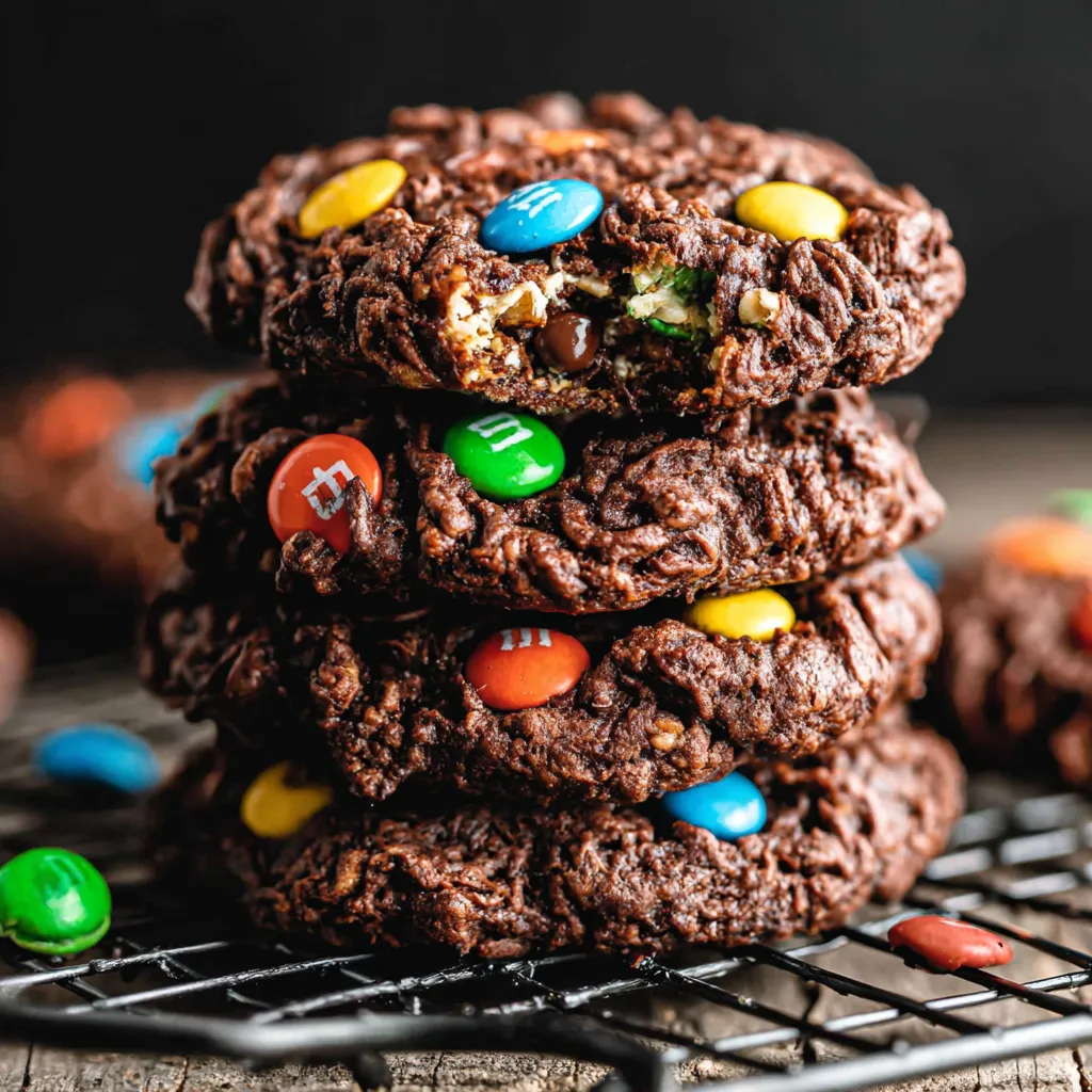 Freshly baked Chocolate Monster Cookies on a parchment-lined sheet