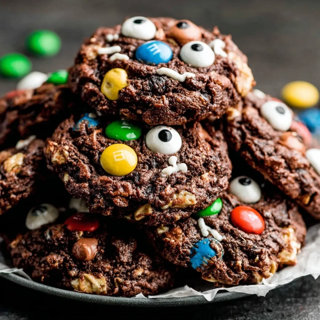 Close-up of a Chocolate Monster Cookie with M&M's and chocolate chips