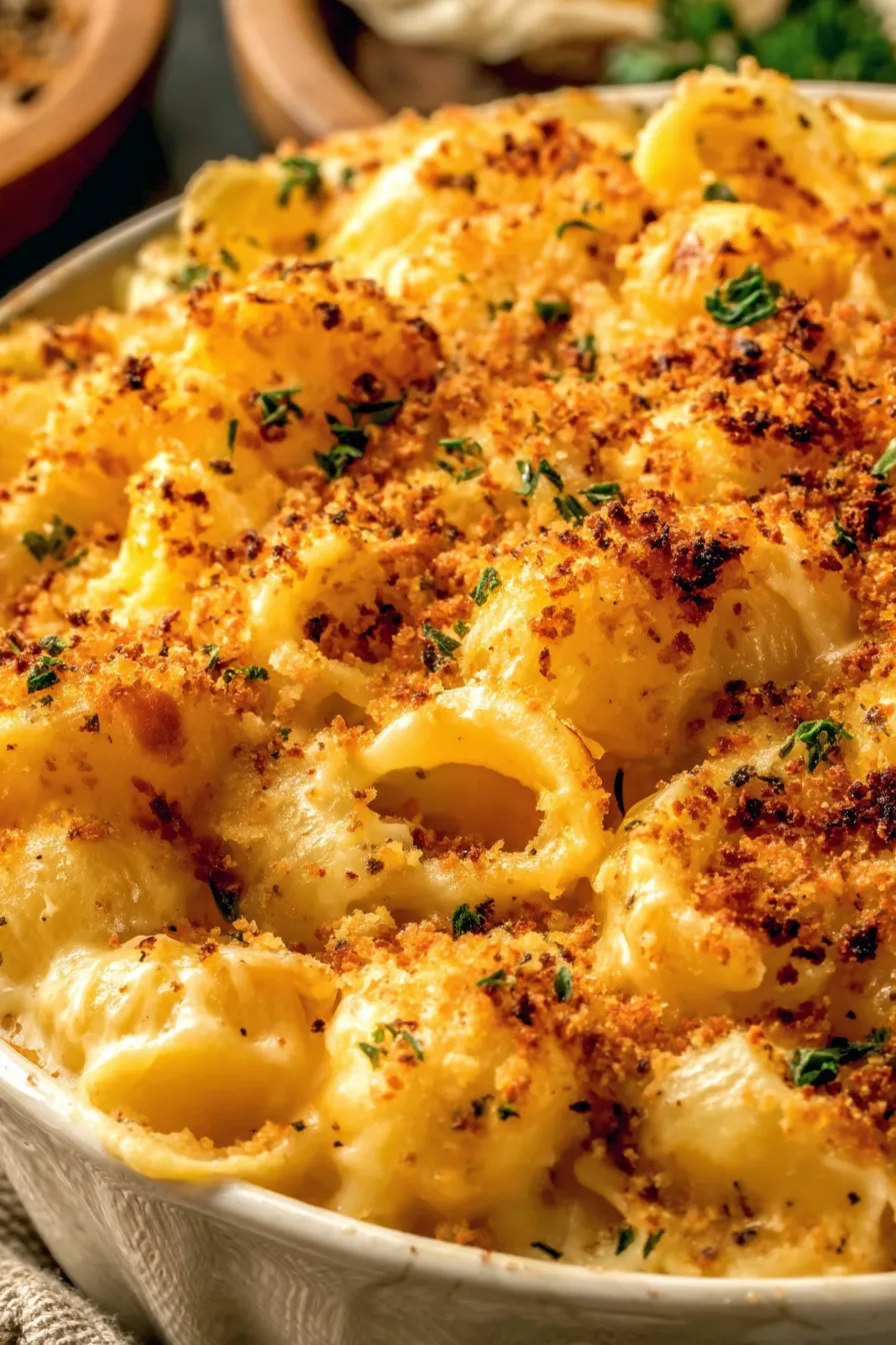 Baked mac and cheese in a baking dish with golden breadcrumb topping
