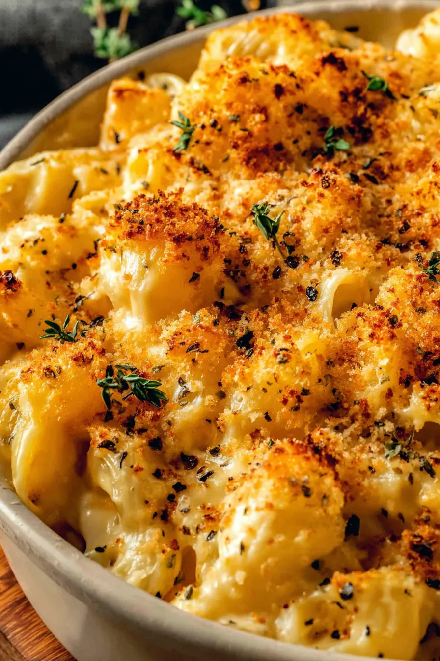 Close-up of creamy mac and cheese with herb breadcrumbs