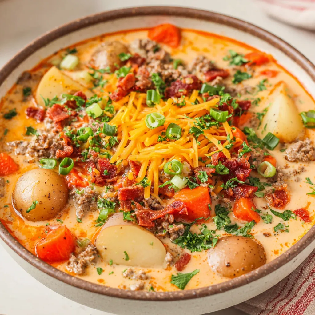 Homemade Cheeseburger Soup with Baby Potatoes
