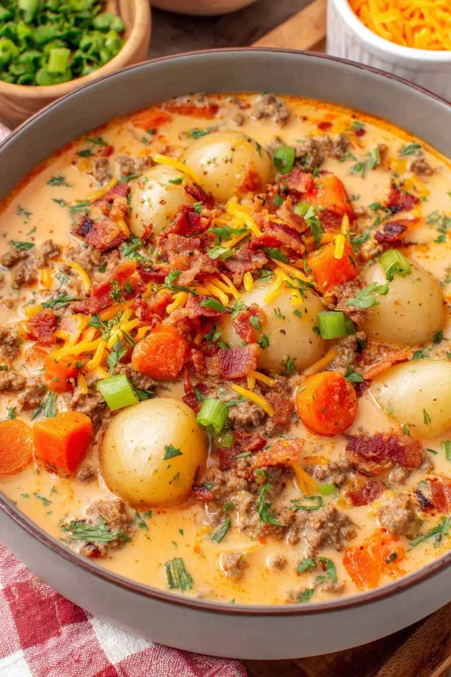 Bowl of cheeseburger soup with potatoes and parsley garnish