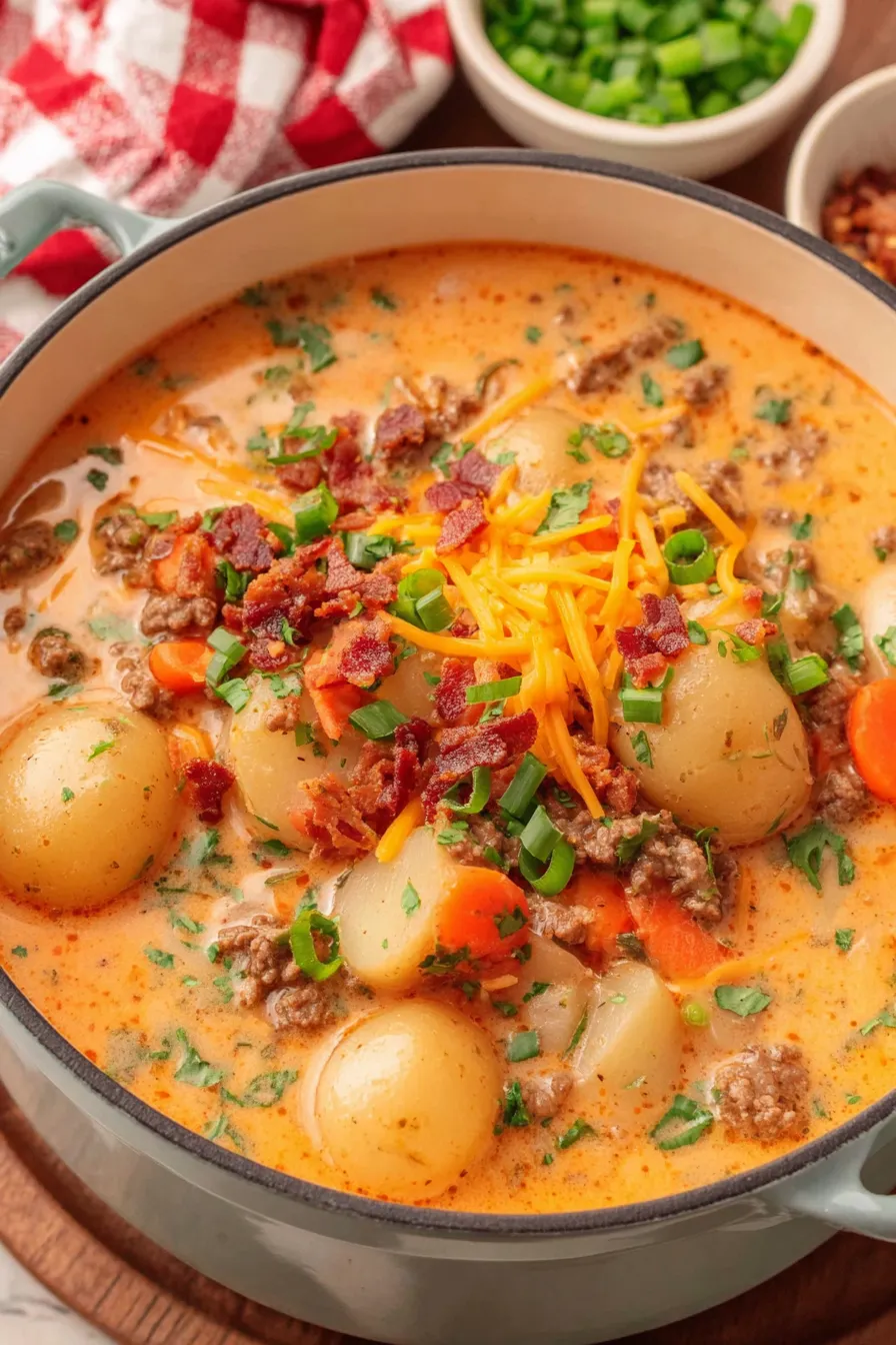 Close-up of soup being ladled into a bowl with garnishes