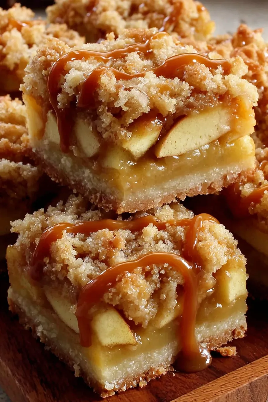Close-up of a salted caramel drizzled apple crumble bar