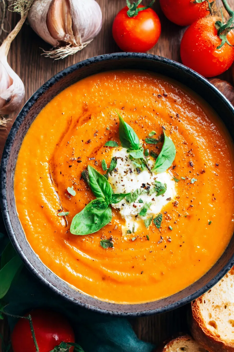Bowl of creamy tomato soup garnished with basil