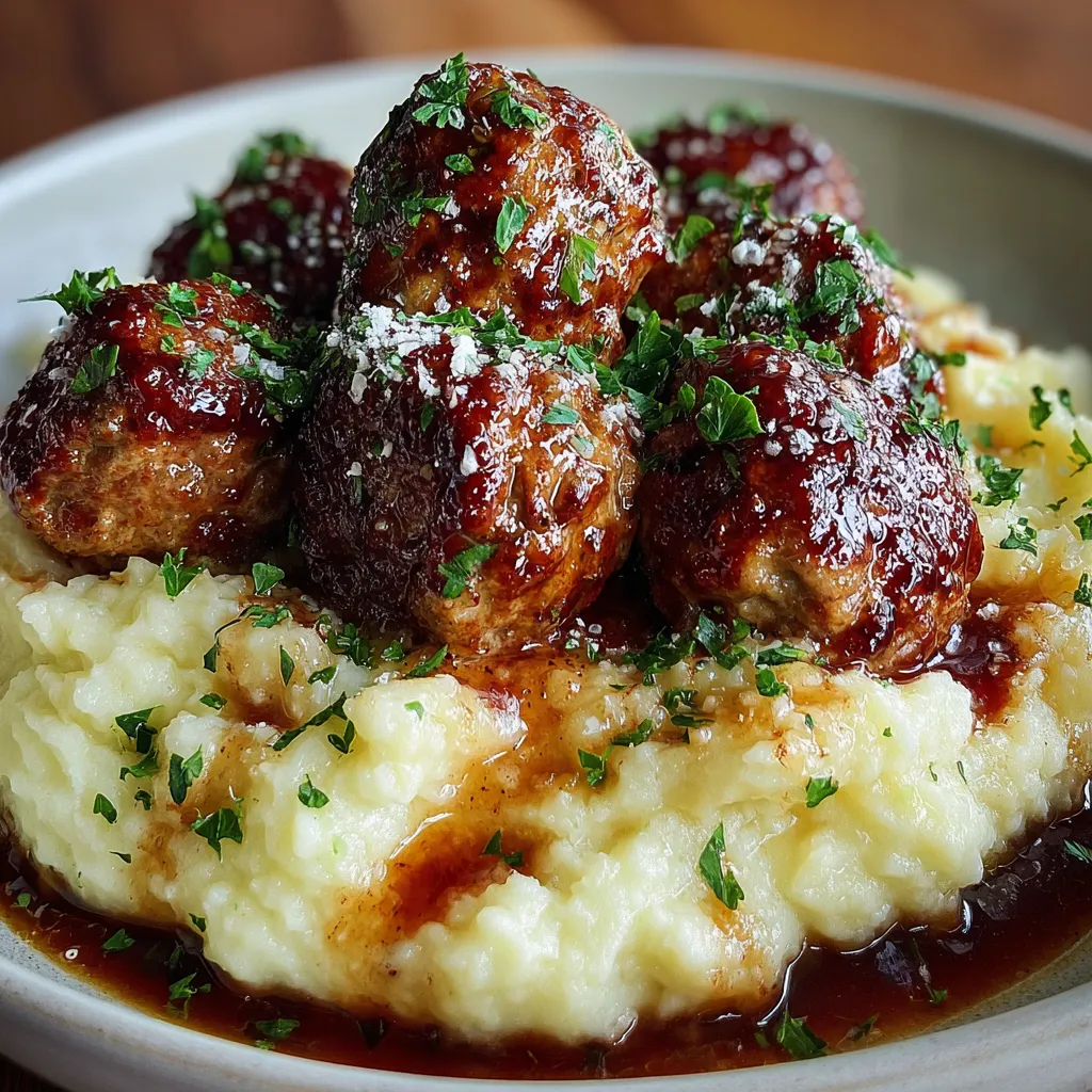 Salisbury Steak Meatballs With Garlic Herb Mashed Potatoes