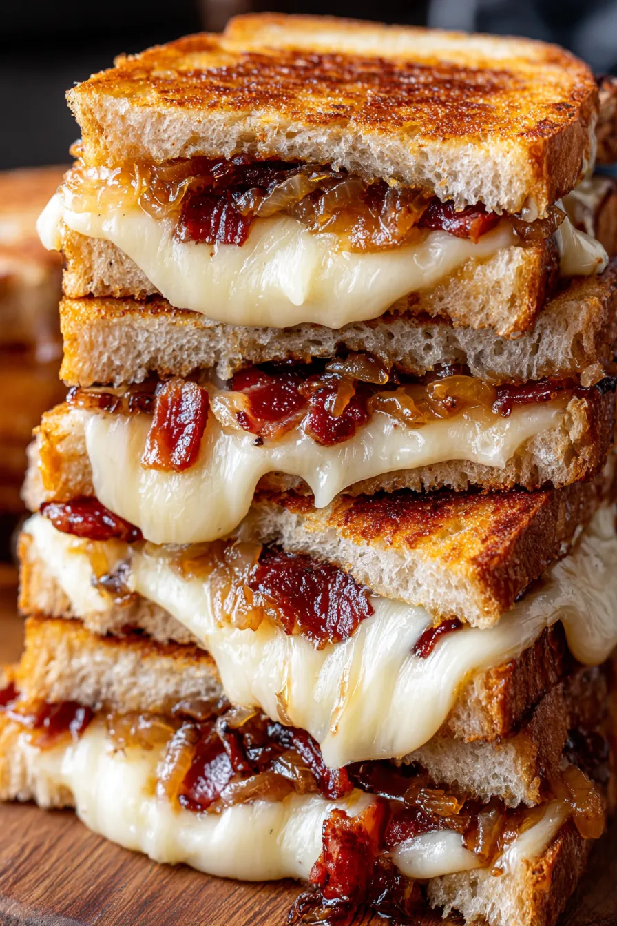 Stack of grilled cheese sandwiches with caramelized onions