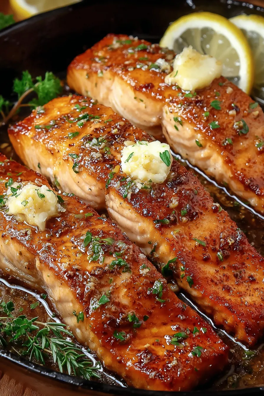 Seared salmon fillets in a cast iron skillet