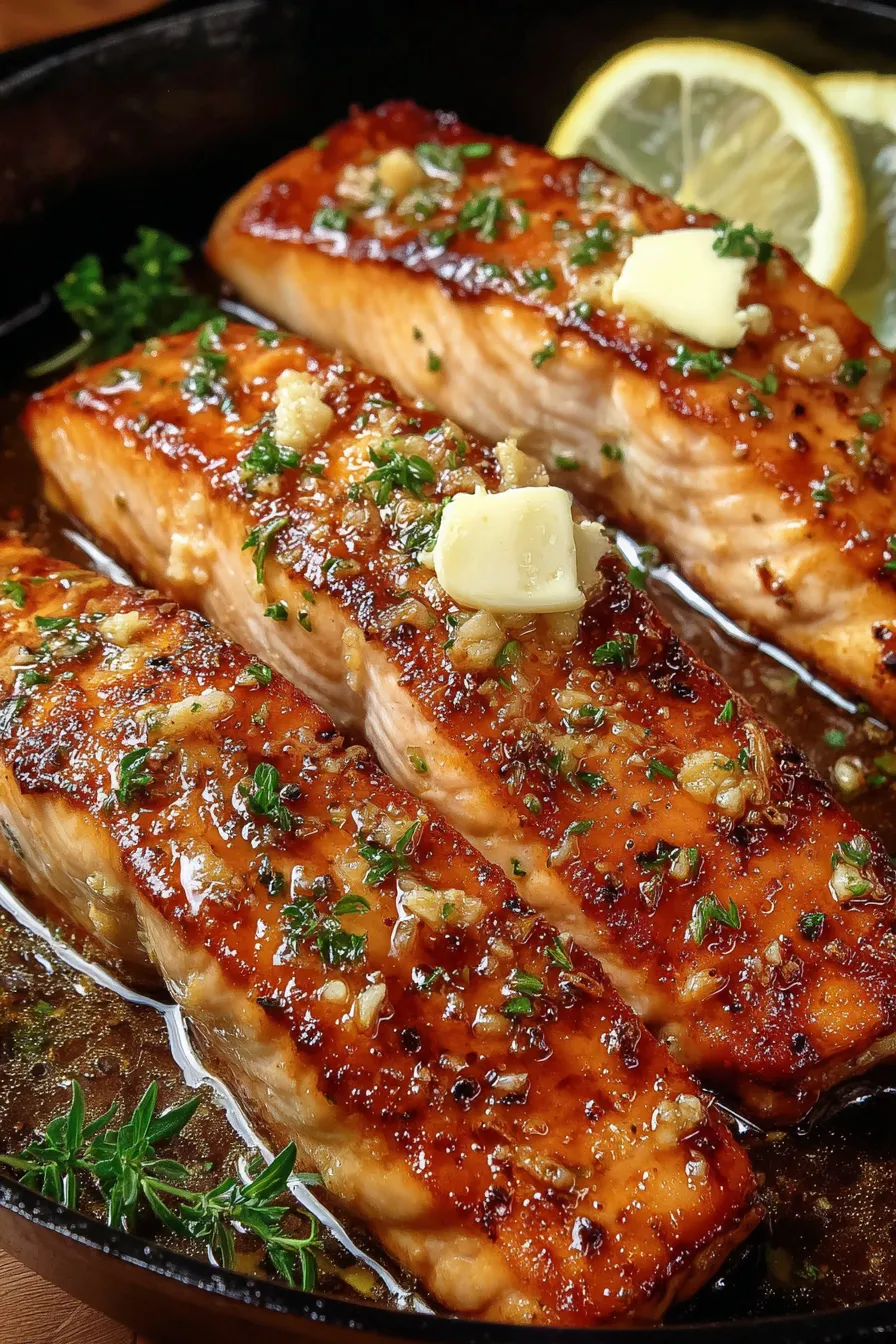 Plated grilled salmon garnished with lemon and herbs