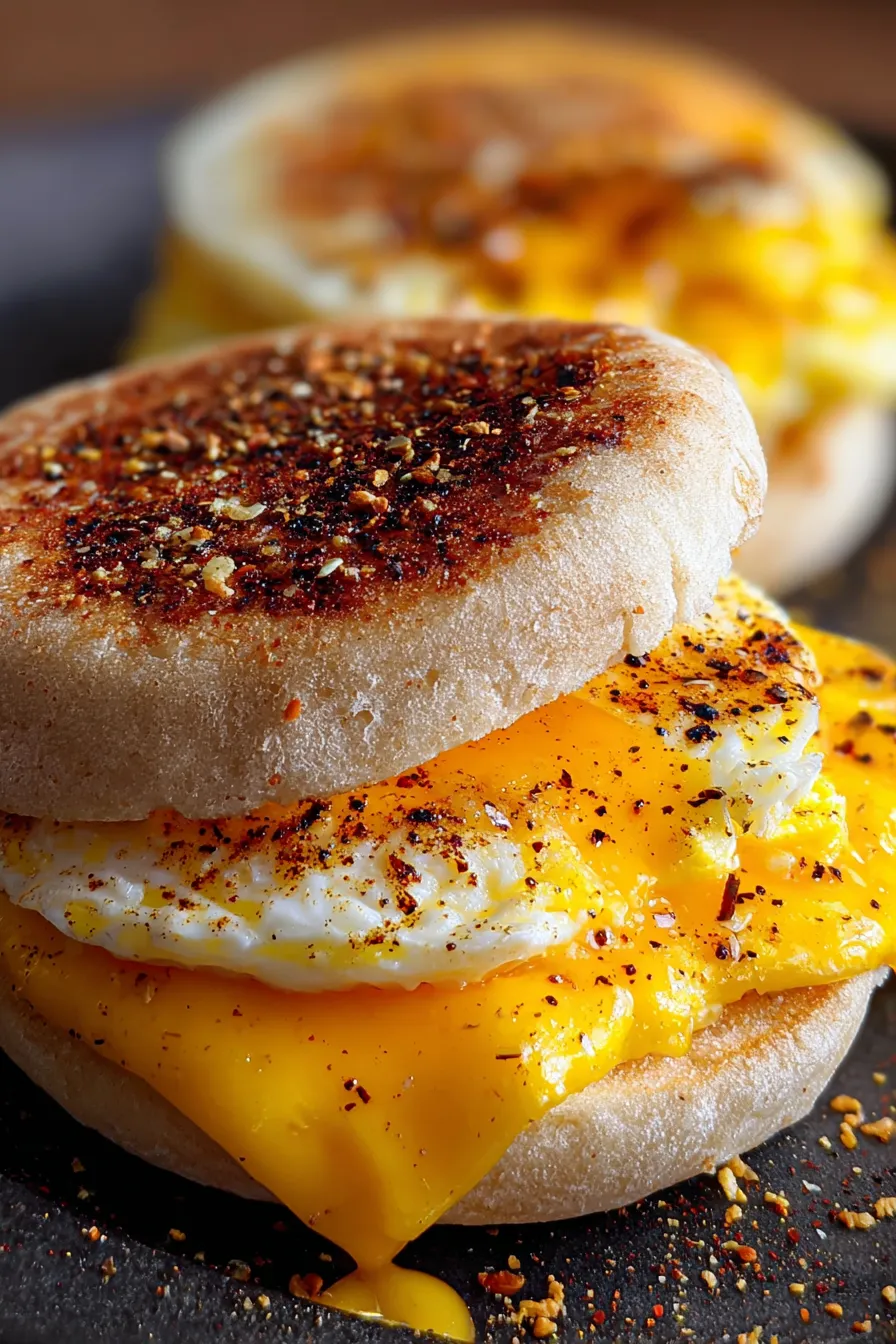 Two golden egg sandwich muffins on a plate