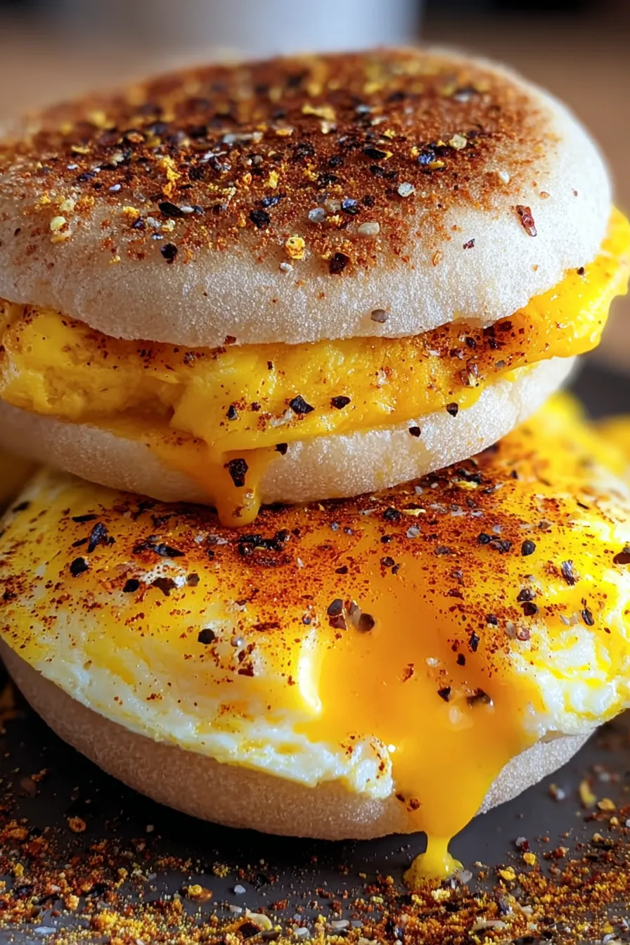 Close-up of an egg sandwich muffin with melted cheese
